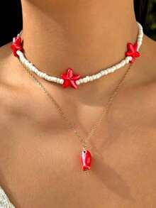 1pc Summer Beach Style Ceramic Fish, Starfish, Tassel, Pearl Beads OT Clasp Necklace, Suitable For Women As Vacation Accessory, Date, Gift - Nhiều màu 5 - Xem 4
