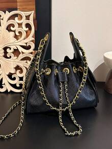 時尚菱形刺繡線女款小方包，編織雙鏈肩背斜挎包 - 黑色 - 查看 2
