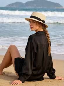 1顶波西米亚风女士法式拉菲草蝴蝶结草帽，夏季沙滩防晒巴拿马帽 - 彩色 - 查看 6