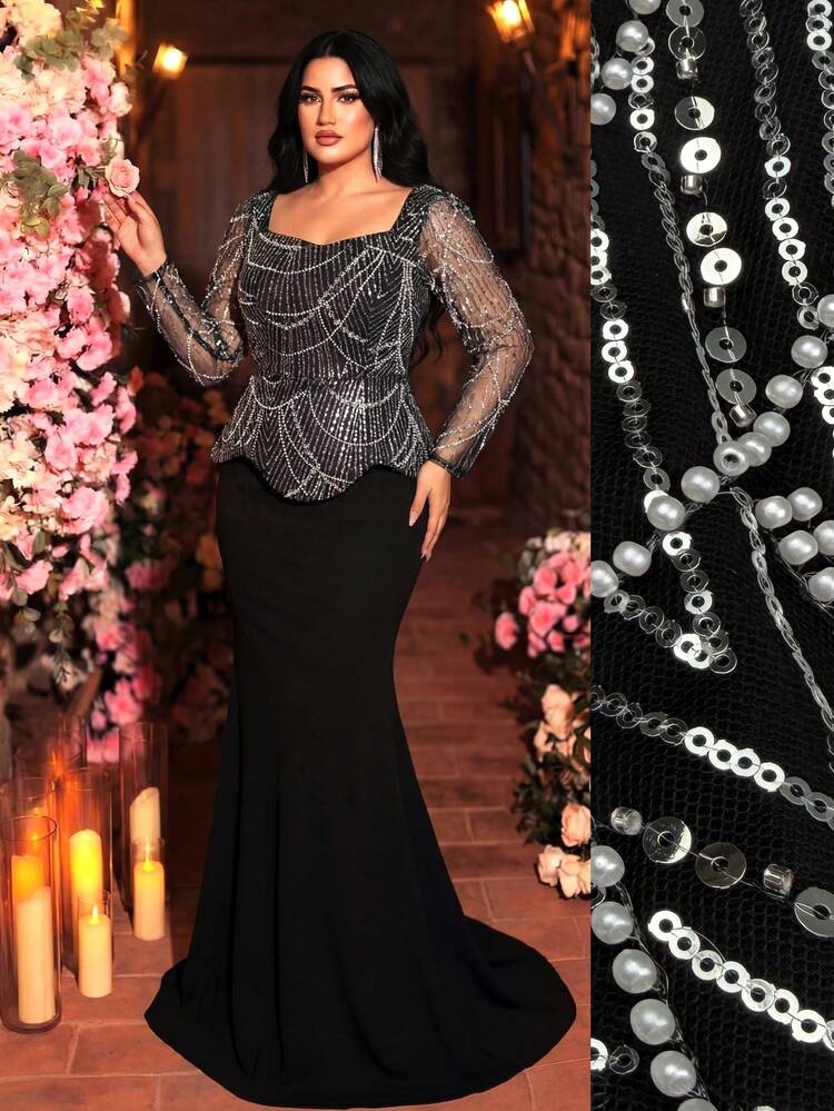 UNITHORSE Plus Size Square Neck Long Sleeve Waist Sequin Patchwork Knit Evening Gown Dress Party Wedding Vacation Black - Black - View 1