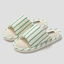 Zapatillas de lino con estampado de rayas minimalista japonés para parejas, sandalias interiores con suela suave de 3 cm, absorbentes y transpirables, ideales para primavera y otoño - Blanco y verde - Ver 4