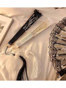 1pc Decorative Folding Fan, Vintage Lace Folding Fan, Black Embroidered Rose Hollow Lace Tassel Pendant, Portable Home Decor, Hanfu Lolita Outfit, Photography Prop, Wedding Party Decor - Lace Fan - View 1