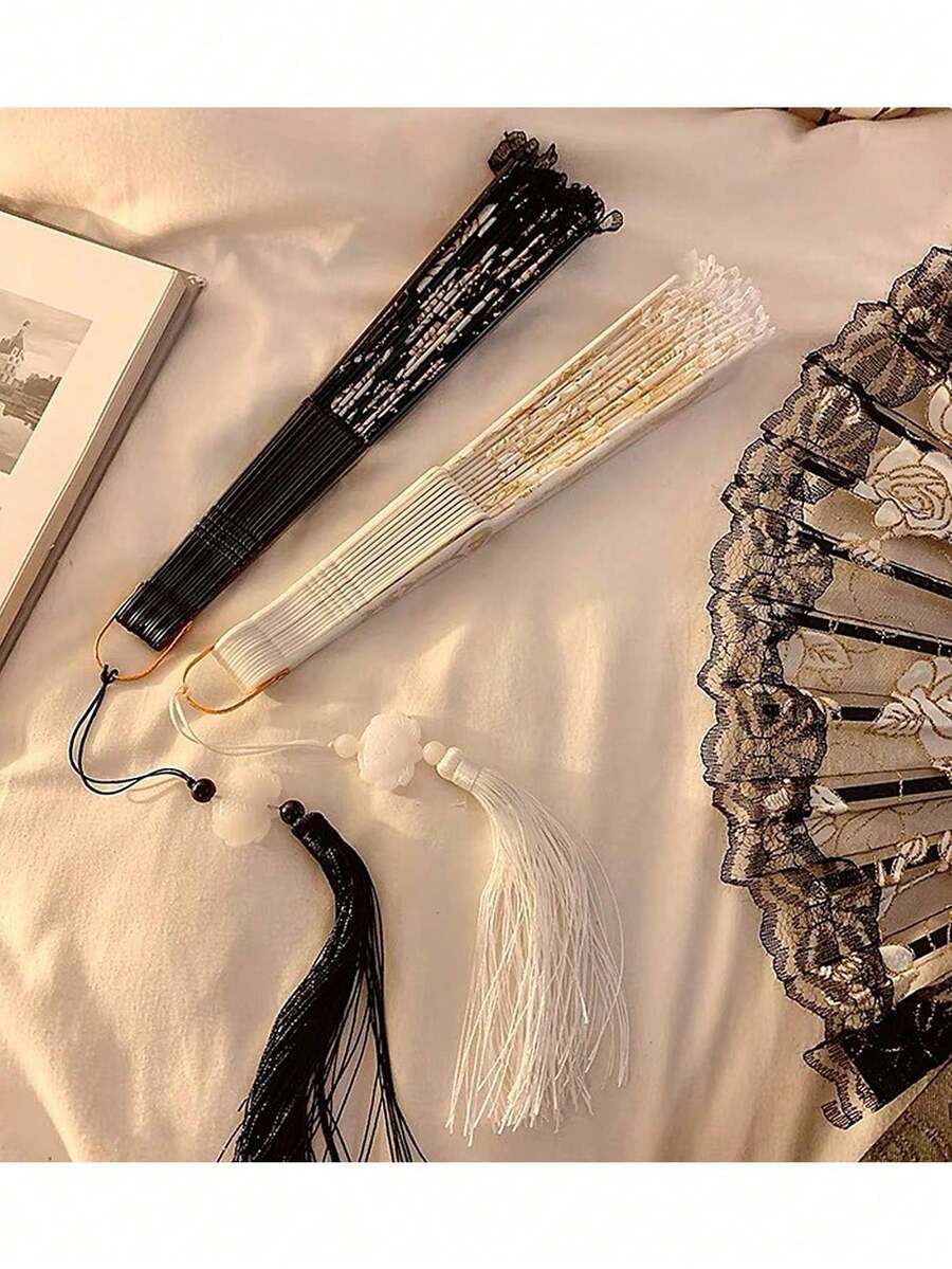 1pc Decorative Folding Fan, Vintage Lace Folding Fan, Black Embroidered Rose Hollow Lace Tassel Pendant, Portable Home Decor, Hanfu Lolita Outfit, Photography Prop, Wedding Party Decor - Lace Fan - View 1