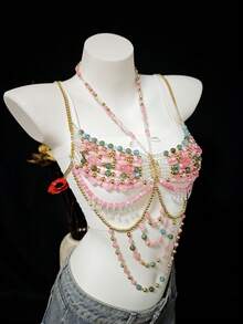 2026 Spring/Summer New Sheer Bodysuits, Unisex Sexy Body Chains, Pearl Necklaces, Lingerie, Transparent Bras For Beach, Party, Holiday, Music Festival - Pink - View 5