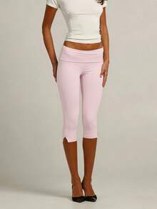 Women's Side Slit Fold Over Capri Leggings Y2K Low Rise Flared Pants Stretch Lounge Yoga Athletic Cropped Pants Bell Bottoms - 粉色 - 查看 5