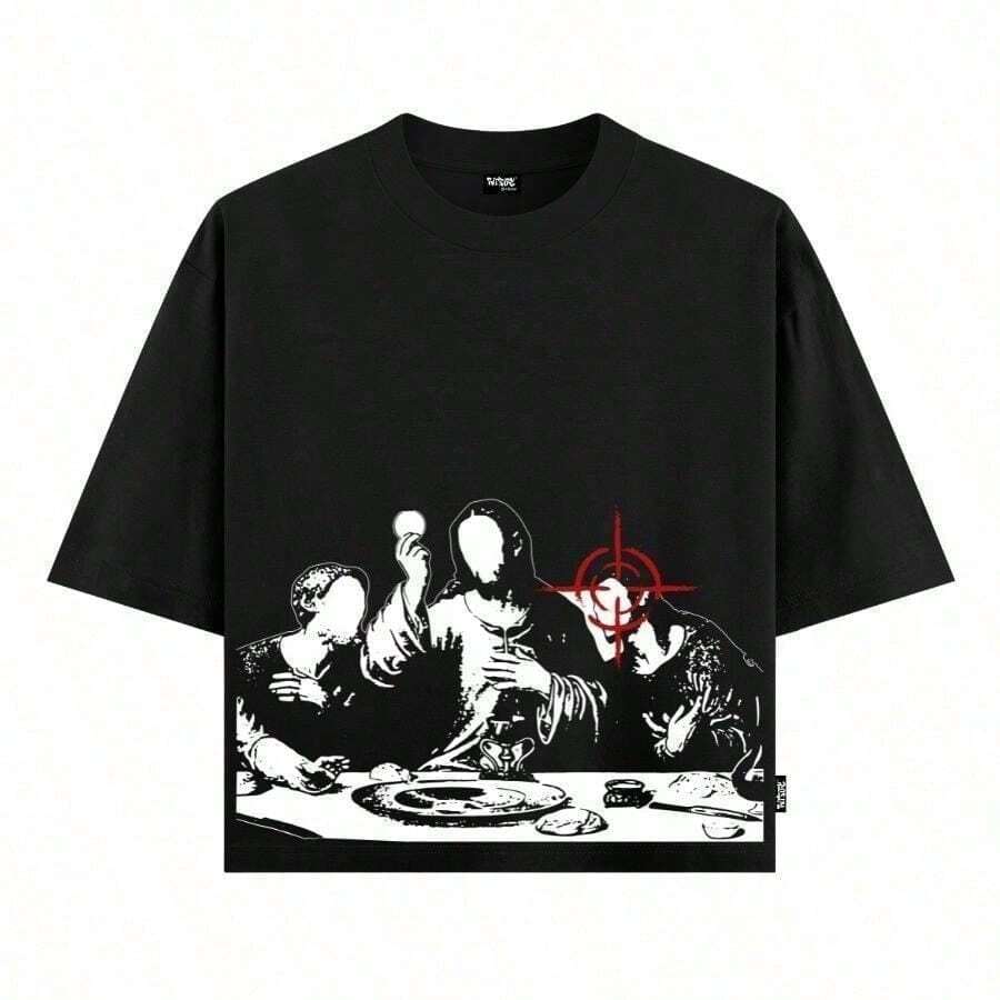 Men's Oversized Streetwear T-Shirt, Last Supper, Judas In The Crosshairs, 100% Cotton - Black - View 1