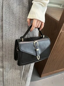 Bolso de mano pequeño de unicolor y de moda con solapa y correa ajustable - Negro - Ver 4