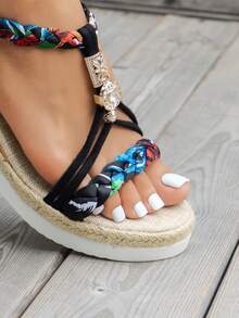 WRCVS Sandals, Woven Strap Sandals, Summer Platform Thick Bottom Sandals, Handmade Beaded Woven, Random Pattern, Lightweight Vacation Sandals, Bohemian Style Wedge Shoes, Outdoor Sandals,Beach Shoes - Black - View 9