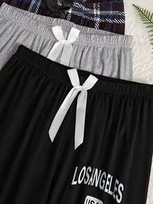 3pcs Plus Size Women's Casual Cropped Pajama Pants Set, Letter "LOSANGELES" Plaid Print With Bow Decor, Elastic Waist Lounge Pants - Multicolor - View 4