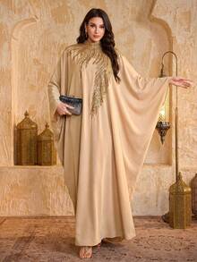 SUPGIR Women's Stand Collar Batwing Sleeve Sequin Patchwork Silk Satin Elegant Fitted Evening Dress Spring - Champagne - View 3