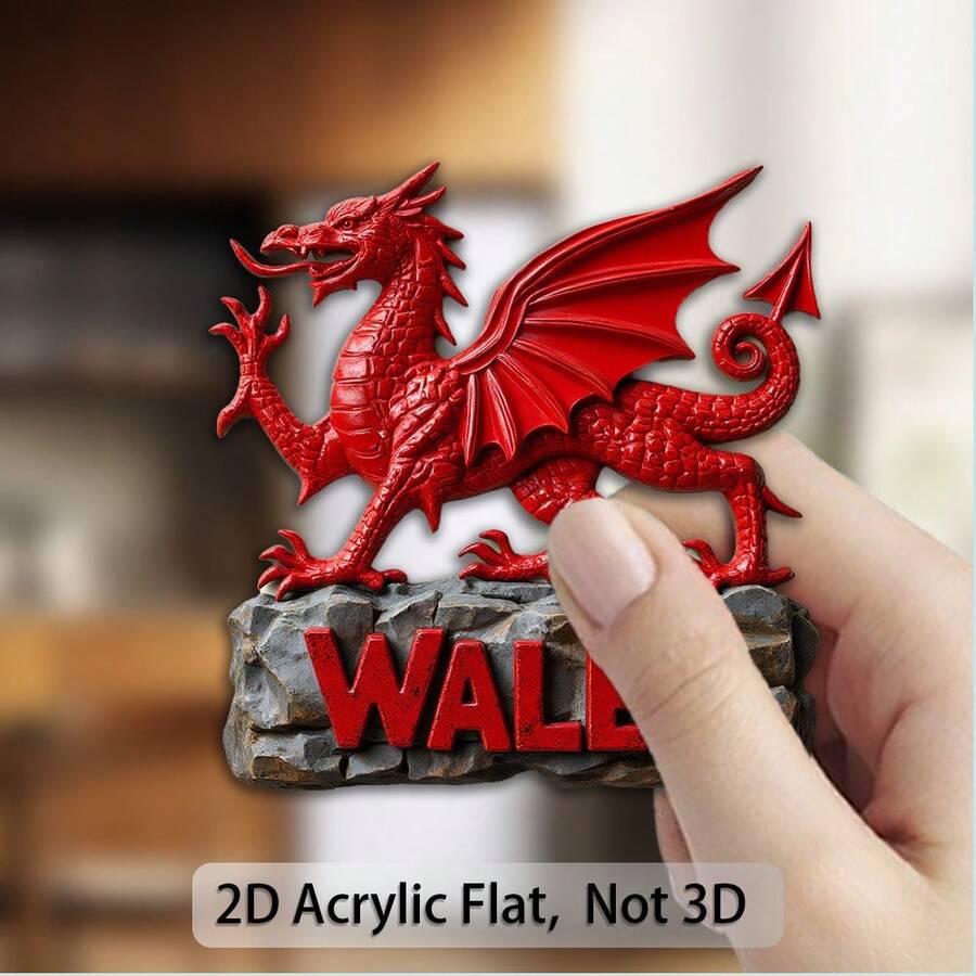 1个威尔士龙磁贴 - 逼真的威尔士龙,闪亮的鳞片和展开的翅膀 - 亚克力材质,威尔士传统装饰品,适合用作冰箱贴,威尔士收藏礼品,威尔士传统爱好者的理想之选,圣大卫节礼物,2D平面设计 - 冰箱貼 - 查看 1