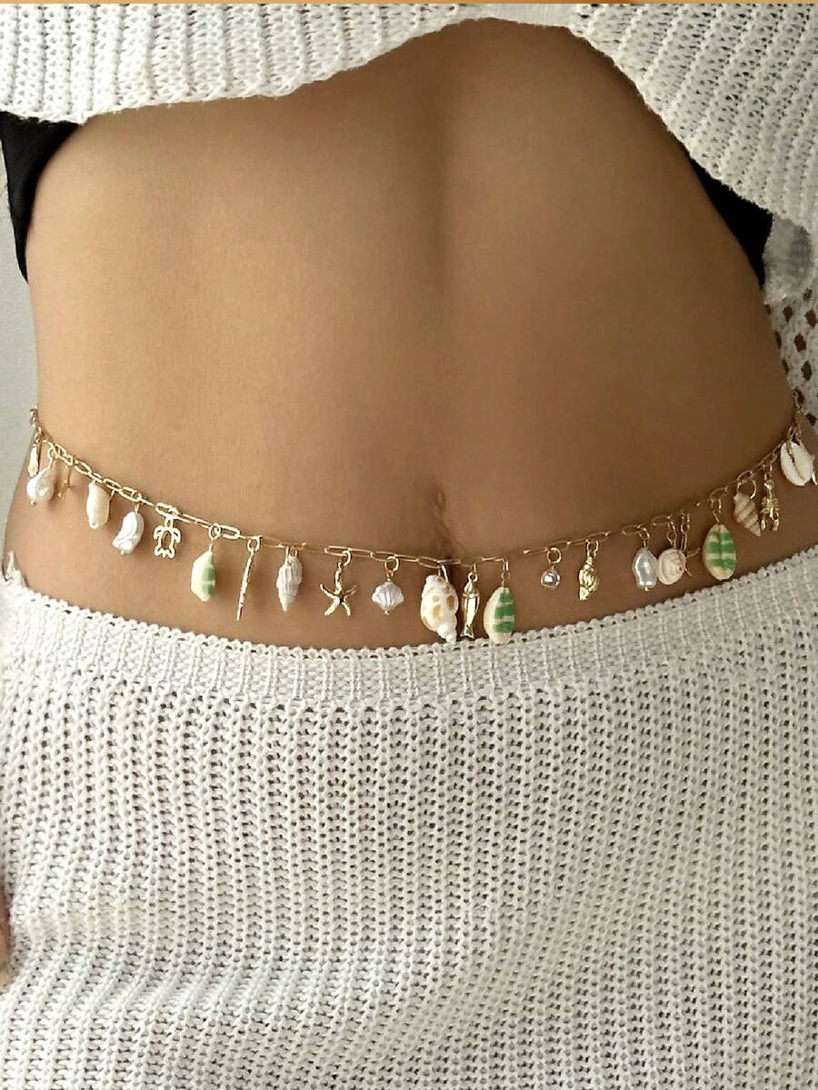 Bộ bikini kiểu Bohemian với vòng cổ vỏ sò và dây chuyền ngọc trai giả hình ngôi sao. - Nhiều màu - Xem 1