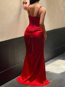 Đầm đuôi cá không tay màu đỏ dành cho nữ, cổ vuông, xếp ly, thích hợp cho tiệc cocktail và dạ hội, trang phục mùa xuân và mùa hè cho nữ, đầm dự tiệc thanh lịch cho nữ, đầm dự đám cưới cho nữ. - Đỏ - Xem 2