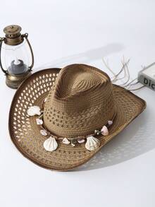 1pc Unisex Shell Decor Dyeing Printed Adjustable Wide Brim Hand Woven Summer Hollow Out Travel Shade Handmade Cowboy Hat Cowgirl Hat Windproof Rope Breathable With Beaded Trim Band Sun Hat Beach Hat Straw Hat - 卡其色 - 查看 3