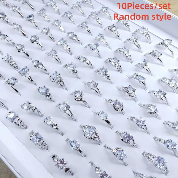 10pcs/Pack Luxury Cubic Zirconia Inlaid Zinc Alloy Women's Ring Set, Elegant Versatile Mixed Styles Rings For Party, Wedding, Daily Wear, Fashion Jewelry, Best Gift, Random Assortment