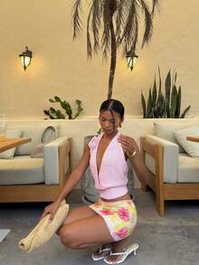 性感简约风吊带背心，镂空修身刺绣交叉露背针织背心，适合节日、派对、海滩度假，女士粉色夏季度假装 - 粉色 - 查看 6