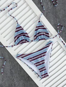 Onefish Bộ bikini tam giác kẻ sọc xanh dương và đỏ tía, buộc dây cổ, lưng điều chỉnh được, cúp ngực tam giác có đệm rời, chất liệu mềm mại co giãn, họa tiết nhiều sọc, kiểu phối màu tương phản xanh dương, đỏ tía và trắng, bộ đồ bơi 2 mảnh thời trang dành cho nữ. - Màu xanh lam - Xem 3
