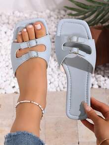 Solid Color Slip-On Square Toe Flat Sandals, Suitable For Home, Beach, Office, Casual Walking, Fashion Comfortable Sandals - Blue - View 6