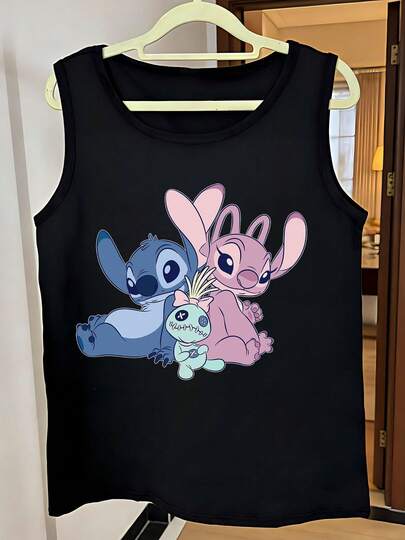 Disney Áo tank top nữ cổ tròn in hình hoạt hình, chất liệu co giãn nhẹ, không xuyên thấu, dễ giặt ủi, phù hợp cho các hoạt động thể thao ngoài trời và mặc hàng ngày.