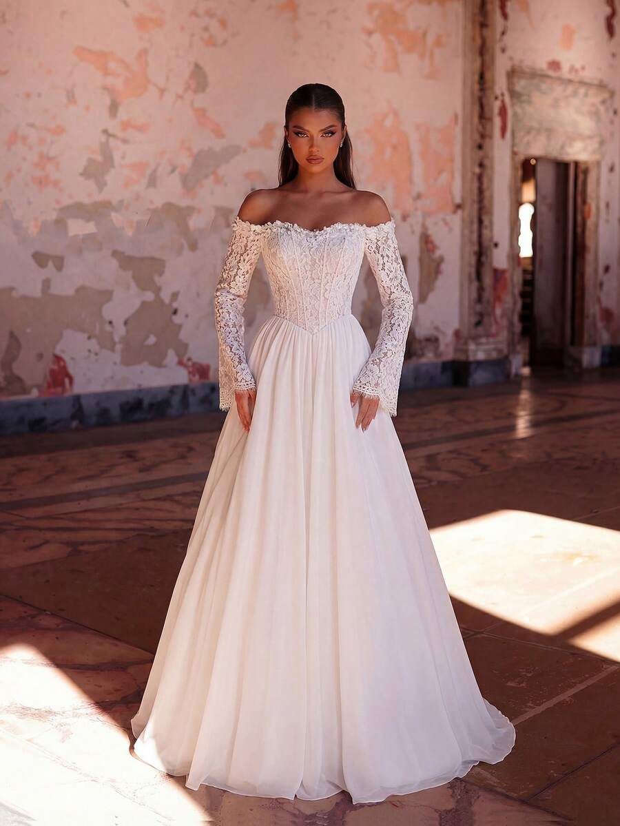 ADYCE Elegant Open Shoulder Long Sleeve Waisted Backless Bodycon Tie-Back Lace Fishbone With A Train Prom Gown Homecoming Wedding Guest Formal Dinner Party - White - View 1