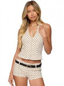 Women Summer Two Piece Outfits Shorts Set Polka Dots Print Halter Deep V Neck 3D Flower Crop Tank Top + Matching Shorts Set Slim Fitted Jumpsuit Party Clubwear Beachwear Y2K Streetwear - 羈扣米色 - 查看 7