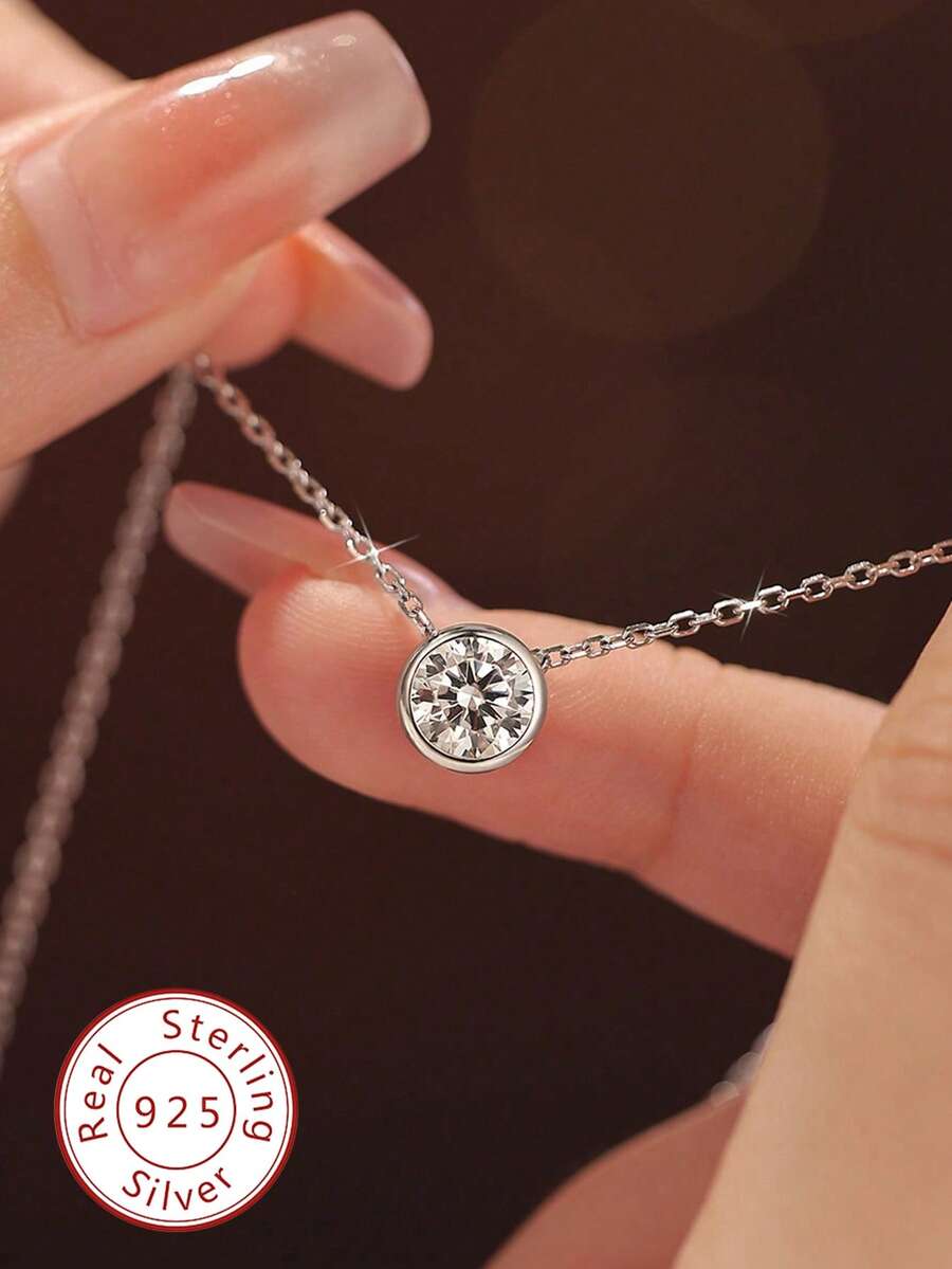 1件优雅圆形切割莫桑石925纯银项链，经典优雅女士项链，精致日常佩戴，约会、新年、情人节礼物 - 圓包項鍊 - 查看 1