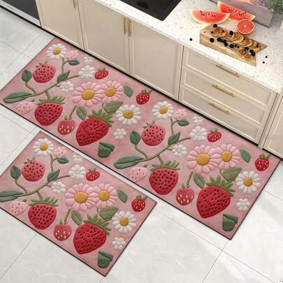 Thảm chùi chân in họa tiết dâu tây, thảm bếp bằng silicon, thảm trải sàn, dễ vệ sinh, hình chữ nhật, thích hợp cho phòng khách, phòng ngủ, hành lang, phòng tắm, phòng giặt - Thảm polyester, thích hợp trang trí nhà cửa trong nhà và ngoài trời.