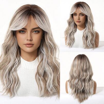 20 Inch Ombre Platinum Blonde Wig With Curtain Bangs For Women Dark Roots Ash Blonde Highlights Natural Looking Heat Resistant Synthetic Wig Daily Party Use