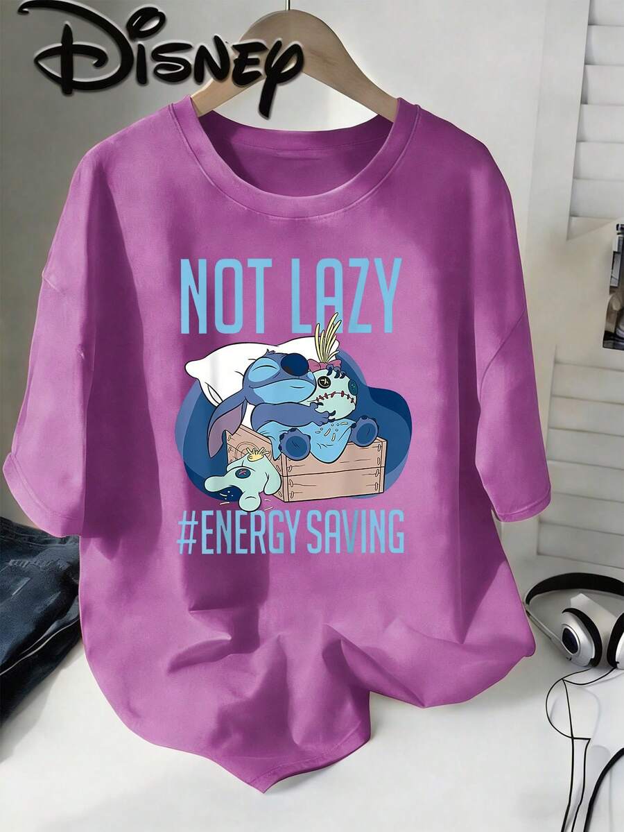 Disney Lilo & Stitch Not Lazy Vintage Washed Black Oversized Cotton T-Shirt, Extra Large Baggy Fit Tee For Women Men, Funny Disney Top - Màu tím - Xem 1