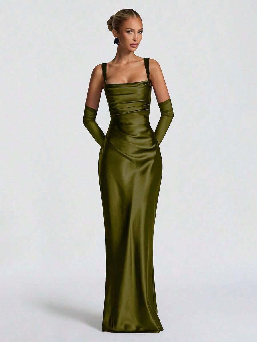 Elegant Satin Cinching Waist Lace Up Bodycon Slip Dress, Long Gown Halloween Party, Cocktail Party, Party, Valentine's Day Wedding Spring - 橄欖綠 - 查看 1