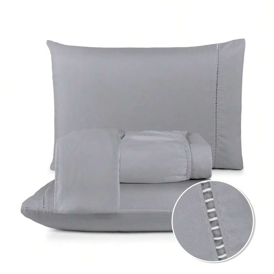 Fitted Sheet Set With Elastic + Pillowcase, 400 Thread Count Percale Flex Luxury, Peach Touch, Single, Full, Queen, King - Grey - View 1