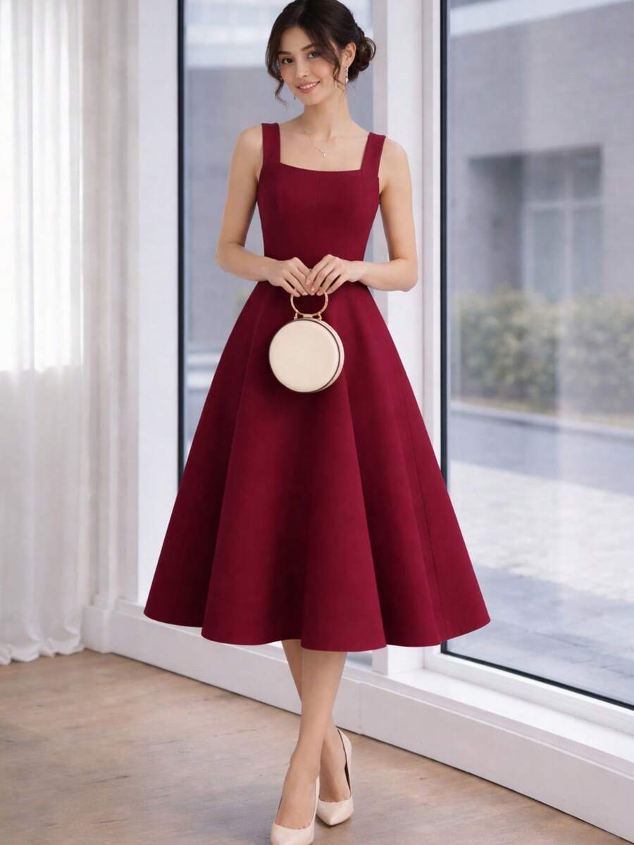 Women's Midi Dress With Square Neckline And Defined Waist | Elegant Midi Dress | Tailored Style | Defined Waist | Perfect Mother's Day Gift - 酒紅色 - 查看 1