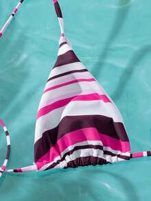 Onefish Pink & Burgundy Striped Triangle Bikini Set, Tie Neck, Adjustable Back, Sliding Triangle Cups, Removable Padding, Soft Stretchy Fabric, Multicolor Striped Pattern, Pink, Burgundy & White Contrast Colors, 2-Piece Swimwear Vacation Beach Summer - Purple - View 6