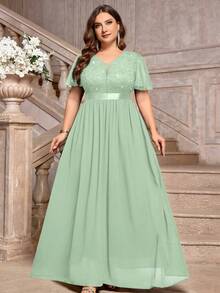 Plus Size Deep V-Neck Sequin Lace Ruffle Mesh Sleeve Chiffon Formal Party Maxi Dress Summer Elegant - Mint Green - View 7