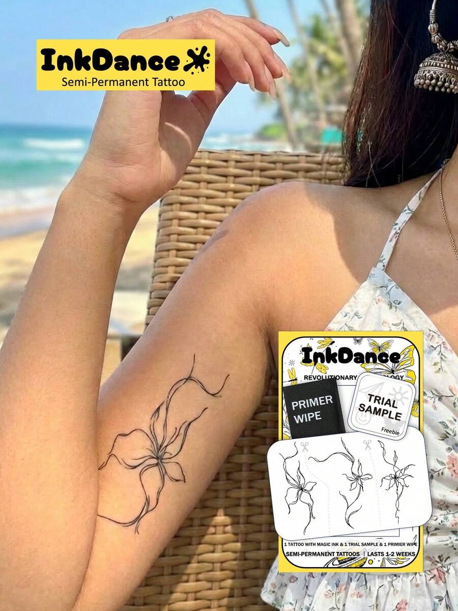 1 Bộ "Ethereal Ink Lily" Hình xăm dán công nghệ mới, hình xăm tạm thời, bán vĩnh viễn, hình xăm giả, chống thấm nước và lâu trôi, thiết kế chân thực, Tiếng Gầm của Vua, công thức từ thực vật, quà tặng nghệ thuật xăm hình Ink Dance D336 - màu đen - Xem 1