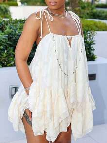 BB-2026 Women's Sexy Spaghetti Strap Ruffled Textured Fabric Mini Dress, Perfect For Beach & Vacation - Creamy White - View 2