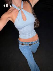 ARA CHIC 女士浅蓝色金属扣领带镂空吊带背心，时尚性感露背百搭上衣，适合度假、约会、派对，春夏新品 - 藍色 - 查看 5