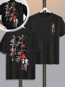 Samurai Legend, Men's Casual Sport Streetwear Y2K Japanese Style  Street Samurai Legend Personality Cool Pattern Print  Short Sleeve T-Shirt Men's 100% Cotton "Form-Fitting Short-Sleeved Round-Neck Summer Classic Streetwear For Both Men And Women. Formal Style Clothing T-Shirt. Large Size S - 5XL" - 黑色 - 查看 5