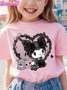 [Authorized] Cute And Cool Lolita Kuromi Print Sanrio Girl's Summer Round Neck Casual T-Shirt Slightly Stretchy Fabric Suitable For Birthday Gifts Ideal For Daily Activities, Sports, And Travel Summer T-Shirts For Girls - Hồng - Xem 1