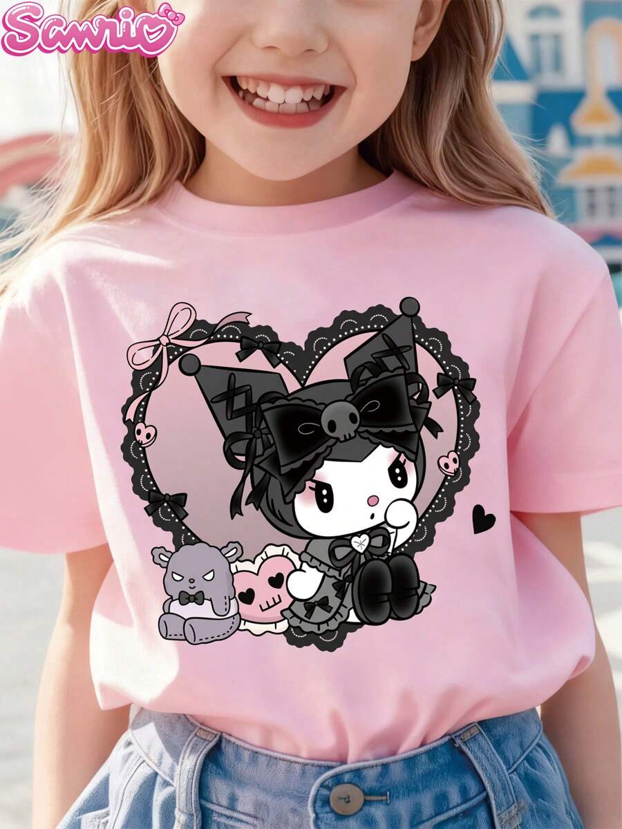 [Authorized] Cute And Cool Lolita Kuromi Print Sanrio Girl's Summer Round Neck Casual T-Shirt Slightly Stretchy Fabric Suitable For Birthday Gifts Ideal For Daily Activities, Sports, And Travel Summer T-Shirts For Girls - Hồng - Xem 1