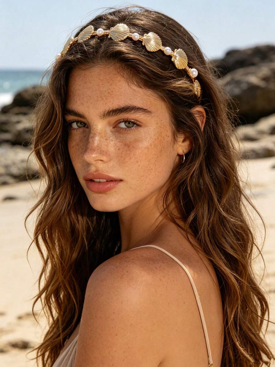 1pc Fashionable Bohemian Shell & Pearl Alloy Headband, Women Accessory - Gold - View 1