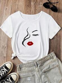 Oversized Short Sleeve T-Shirt With Portrait Print, Casual Summer Graphic Tees For Women, Summer Outfit For Ladies - Blanc - View 3