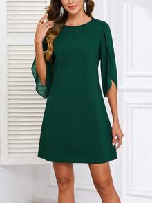 Women's Solid Color Round Neck Cocktail Party Ruffle Sleeve High Waist Chiffon A-Line Casual Dress Spring Elegant - Green - View 3