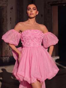 Faeriesty Elegant Stylish Bubble Sleeve Graduation Dress With Large Back Bowknot & Floral Applique | Luxury Party Dress For Weddings, Outfits Pink - Pink - View 9