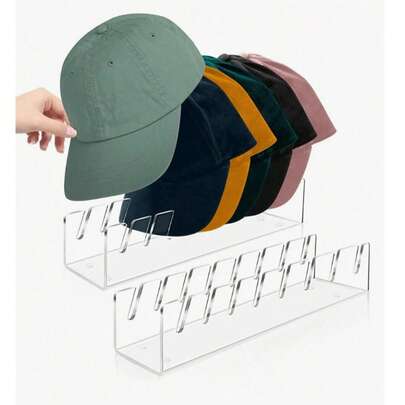 Bộ 2 giá trưng bày và cất giữ mũ lưỡi trai bằng acrylic, không cần lắp đặt, chứa được tối đa 14 mũ, thích hợp cho phòng ngủ, tủ quần áo, bàn trang điểm - Màu trong suốt