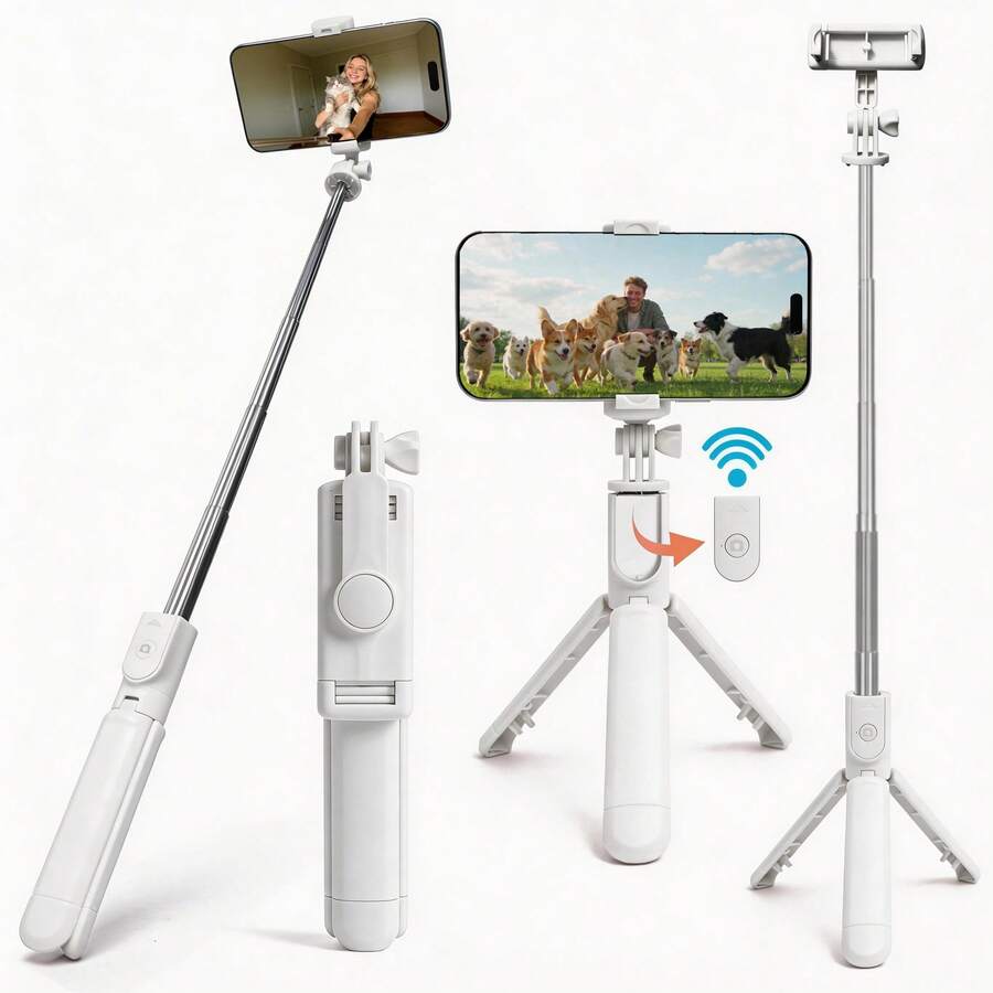 1 chiếc gậy selfie màu trắng dễ thương - điều khiển từ xa không dây và chân đế tích hợp, điều khiển từ xa, giá đỡ điện thoại và chân đế tích hợp(1PC) - Trắng nhạt - Xem 1