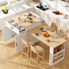 Extendable Bar Table With Storage 133 202 * 70 * 93.5 Cm With 2 Drawers And 2 Compartments Expandable Kitchen Island Table For 2 6 People Kitchen Dining Cart With Side Shelves White. - White + MDF - View 3