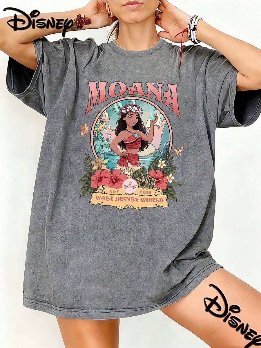 Disney Moana Character Vintage Washed Black Oversized Cotton T-Shirt, Retro Loose Fit Tee For Women, Perfect For Disney Fans, Daily Wear & Gift - Grey - View 1
