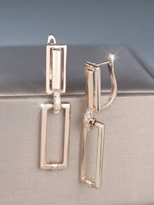Vanel 1 Pair Fashionable Gold Geometric Pattern CZ Inlaid Earrings, Minimalist Style Earrings Suitable For Daily Wear And Parties, Stylish Jewelry - Golden Yellow-white - View 4