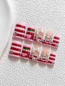 10Pcs Sweet And Edgy Style Handmade Nail Art Set,Unghie Press On,Bow, Cutout Heart,Stripes, Cherries,Red And Pink Nail Polish,Includes Nail Tools,3 Sizes Available,Almond Nails , Duck Nails,Coffin Nails For Party, Dance, Daily Wear - 彩色 - 查看 12